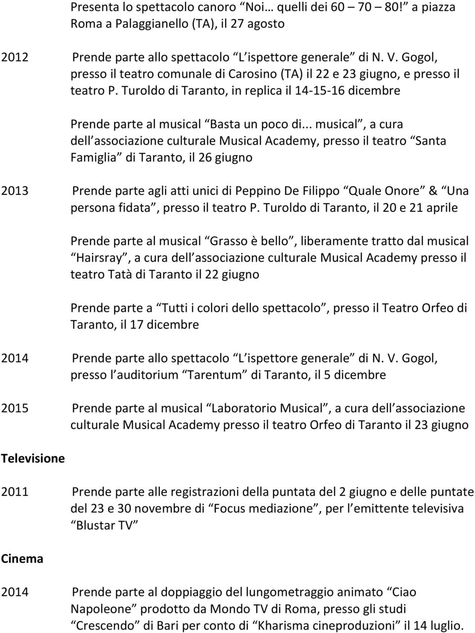.. musical, a cura dell associazione culturale Musical Academy, presso il teatro Santa Famiglia di Taranto, il 26 giugno 2013 Prende parte agli atti unici di Peppino De Filippo Quale Onore & Una
