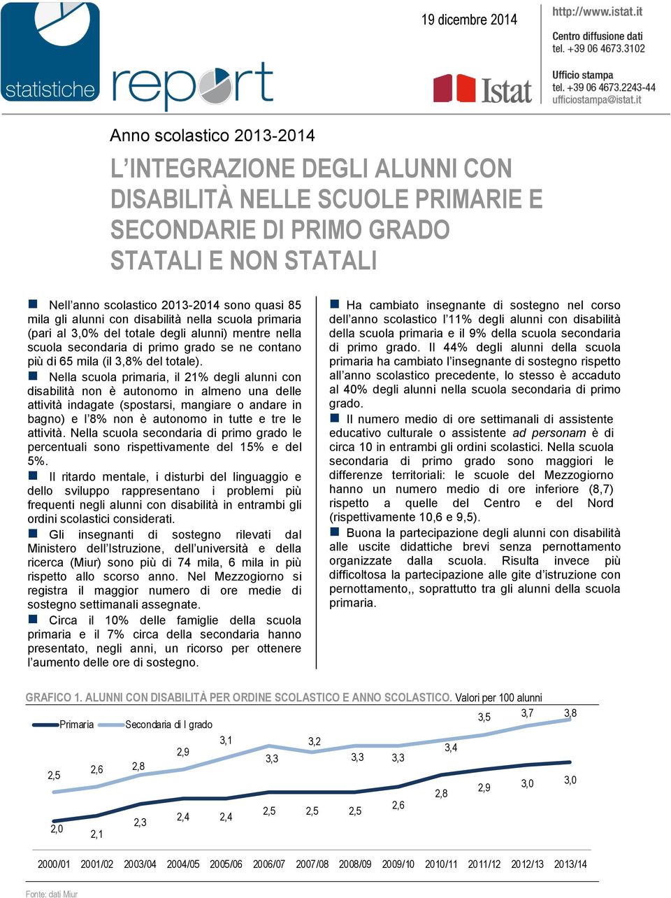 Nella scuola primaria, il 21% degli alunni con disabilità non è autonomo in almeno una delle attività indagate (spostarsi, mangiare o andare in bagno) e l 8% non è autonomo in tutte e tre le attività.