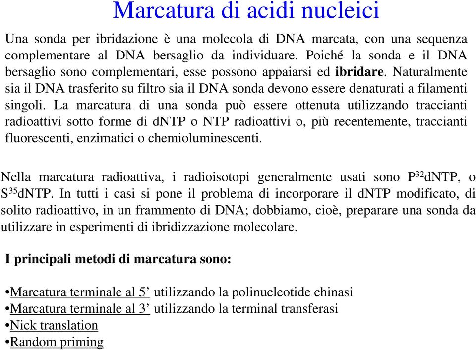 La marcatura di una sonda può essere ottenuta utilizzando traccianti radioattivi sotto forme di dntp o NTP radioattivi o, più recentemente, traccianti fluorescenti, enzimatici o chemioluminescenti.