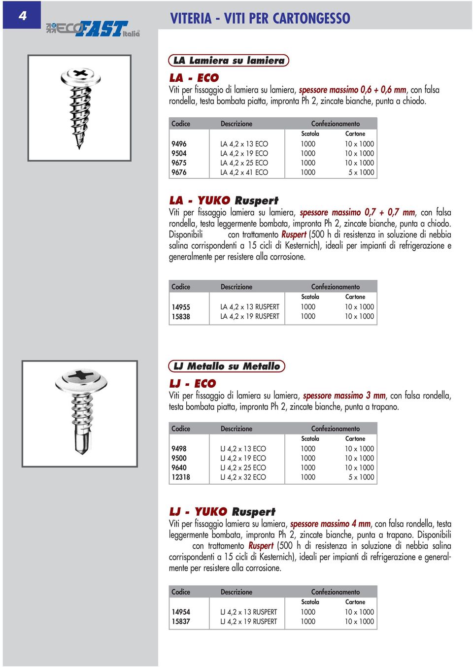 9496 9504 9675 9676 LA 4,2 x 13 ECO LA 4,2 x 19 ECO LA 4,2 x 25 ECO LA 4,2 x 41 ECO LA - YUKO Ruspert Viti per fissaggio lamiera su lamiera, spessore massimo 0,7 + 0,7 mm, con falsa rondella, testa