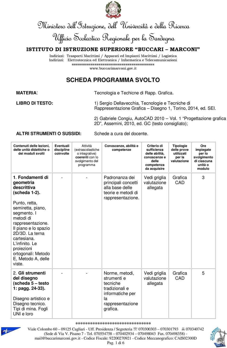 it SCHEDA PROGRAMMA SVOLTO MATERIA: LIBRO DI TESTO: Tecnologia e Techicne di Rapp.. ) Sergio Dellavecchia, Tecnologie e Tecniche di Rappresentazione Disegno, Torino, 204, ed. SEI.