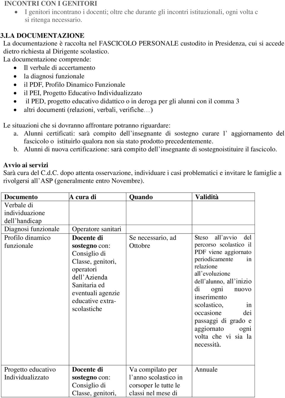 La documentazione comprende: Il verbale di accertamento la diagnosi funzionale il PDF, Profilo Dinamico Funzionale il PEI, Progetto Educativo Individualizzato il PED, progetto educativo didattico o