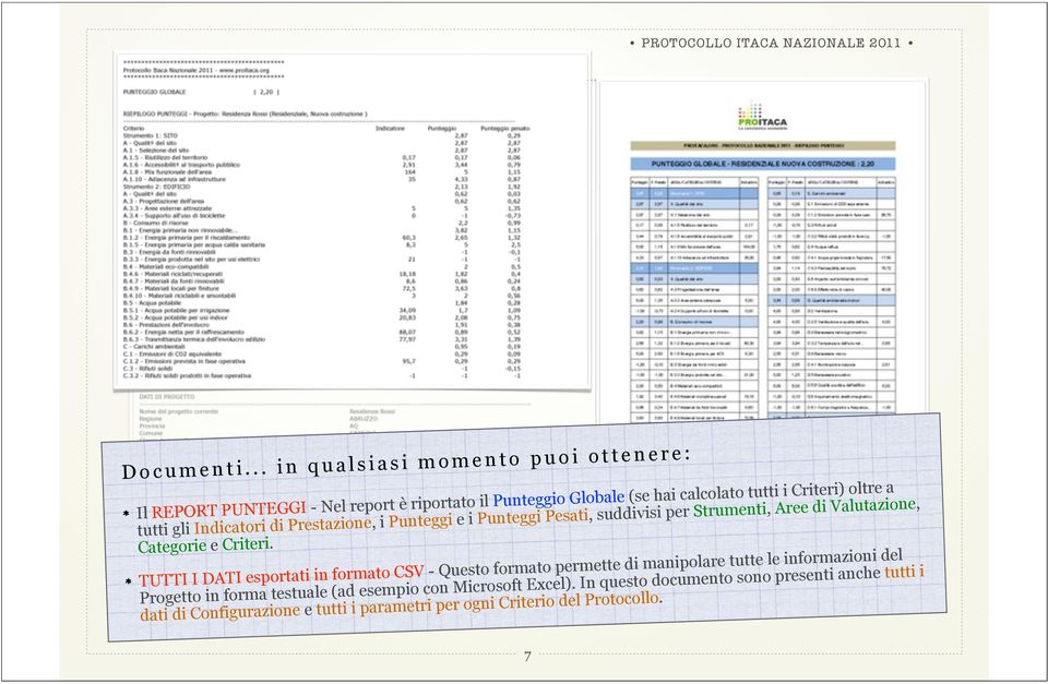 a tutti gli Indicatori di Prestazione, i Punteggi e i Punteggi Pesati, suddivisi per Strumenti, Aree di Valutazione, Categorie e Criteri.