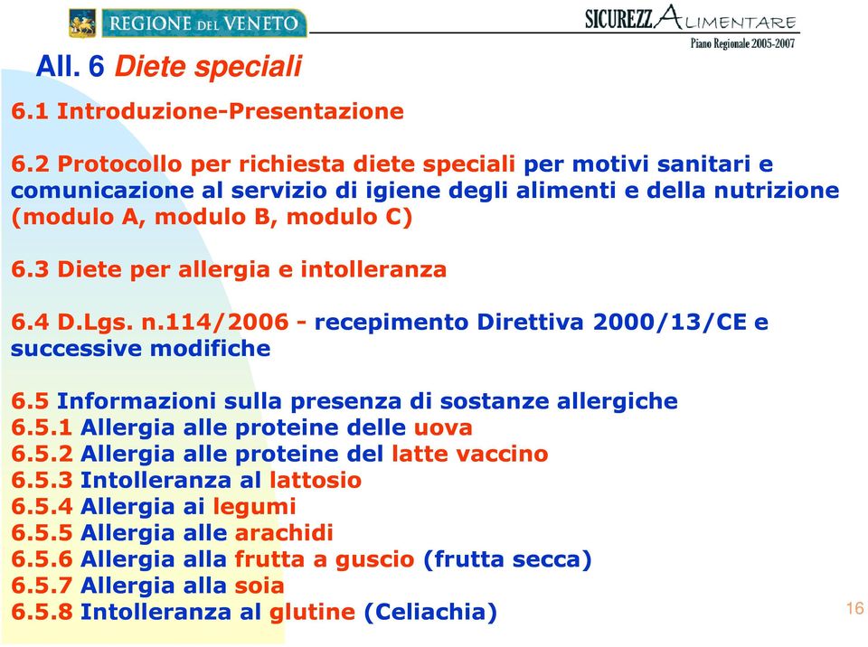 3 Diete per allergia e intolleranza 6.4 D.Lgs. n.114/2006 - recepimento Direttiva 2000/13/CE e successive modifiche 6.