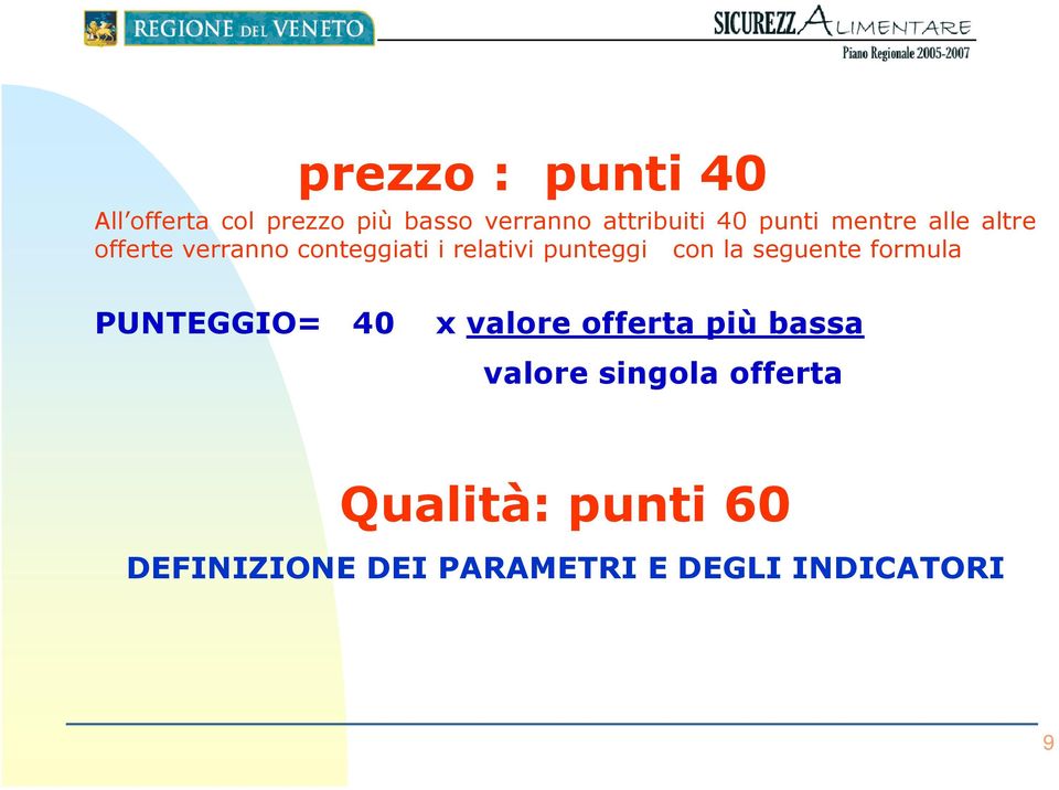 con la seguente formula PUNTEGGIO= 40 x valore offerta più bassa valore