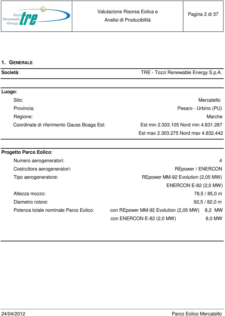 442 Progetto Parco Eolico: Numero aerogeneratori: 4 Costruttore aerogeneratori: REpower / ENERCON Tipo aerogeneratore: REpower MM-92 Evolution (2,05