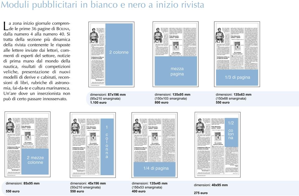 di competizioni veliche, presentazione di nuovi modelli di derive e cabinati, recensioni di libri, rubriche di astronomia, fai-da-te e cultura marinaresca.