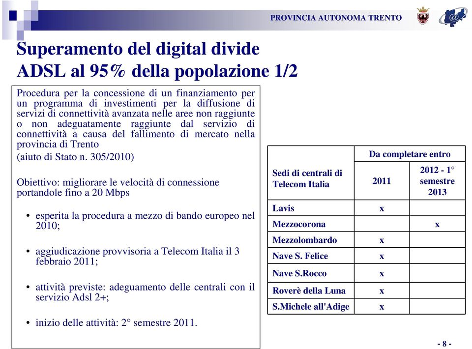 305/2010) Obiettivo: migliorare le velocità di connessione portandole fino a 20 Mbps esperita la procedura a mezzo di bando europeo nel 2010; aggiudicazione provvisoria a Telecom Italia il 3 febbraio