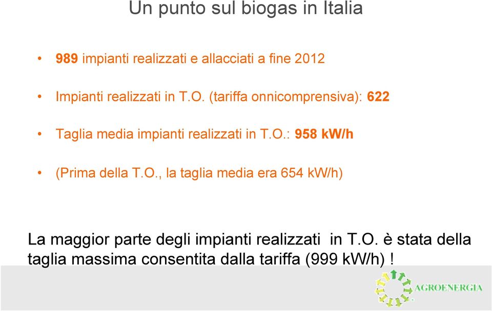 O.: 958 kw/h (Prima della T.O., la taglia media era 654 kw/h) La maggior parte degli impianti realizzati in T.