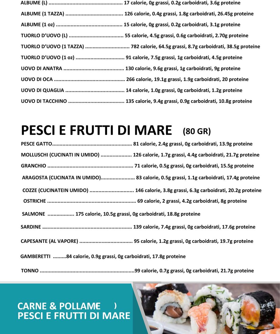 5g proteine TUORLO D UOVO (1 oz)... 91 calorie, 7.5g grassi, 1g carboidrati, 4.5g proteine UOVO DI ANATRA... 130 calorie, 9.6g grassi, 1g carboidrati, 9g proteine UOVO DI OCA... 266 calorie, 19.