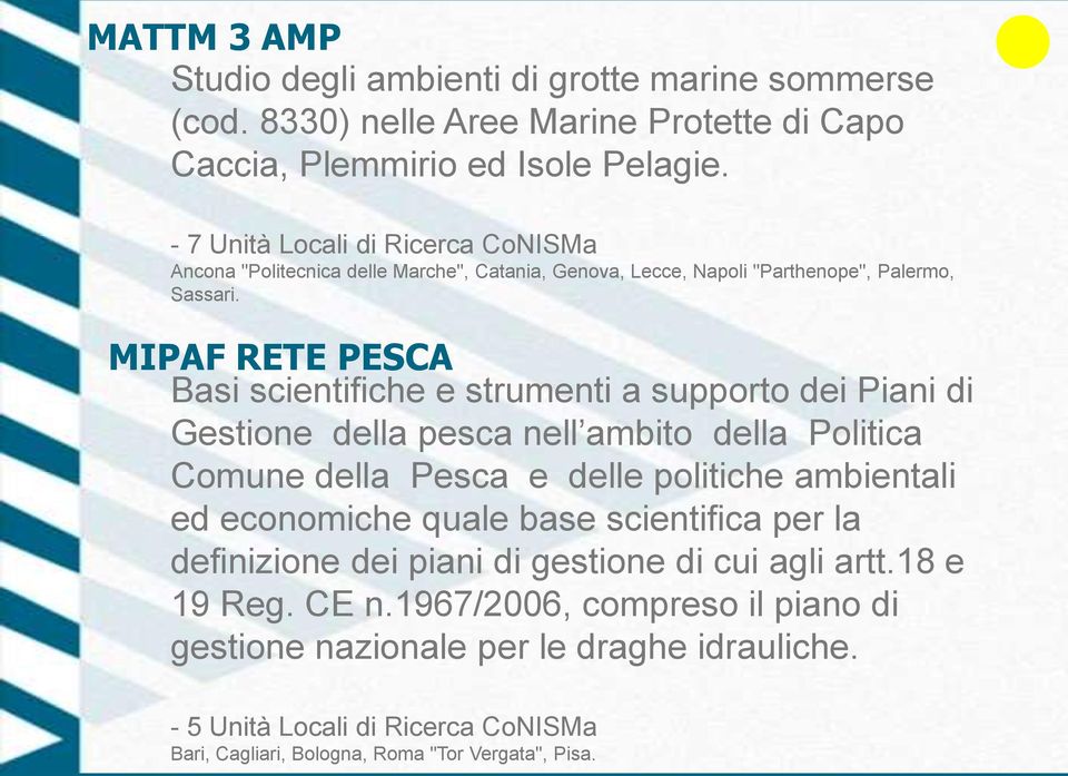 MIPAF RETE PESCA Basi scientifiche e strumenti a supporto dei Piani di Gestione della pesca nell ambito della Politica Comune della Pesca e delle politiche ambientali ed