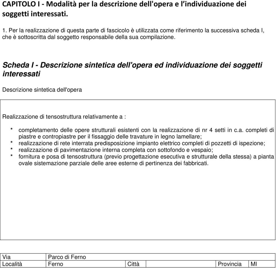 Scheda I - Descrizione sintetica dell'opera ed individuazione dei soggetti interessati Descrizione sintetica dell'opera Realizzazione di tensostruttura relativamente a : * completamento delle opere