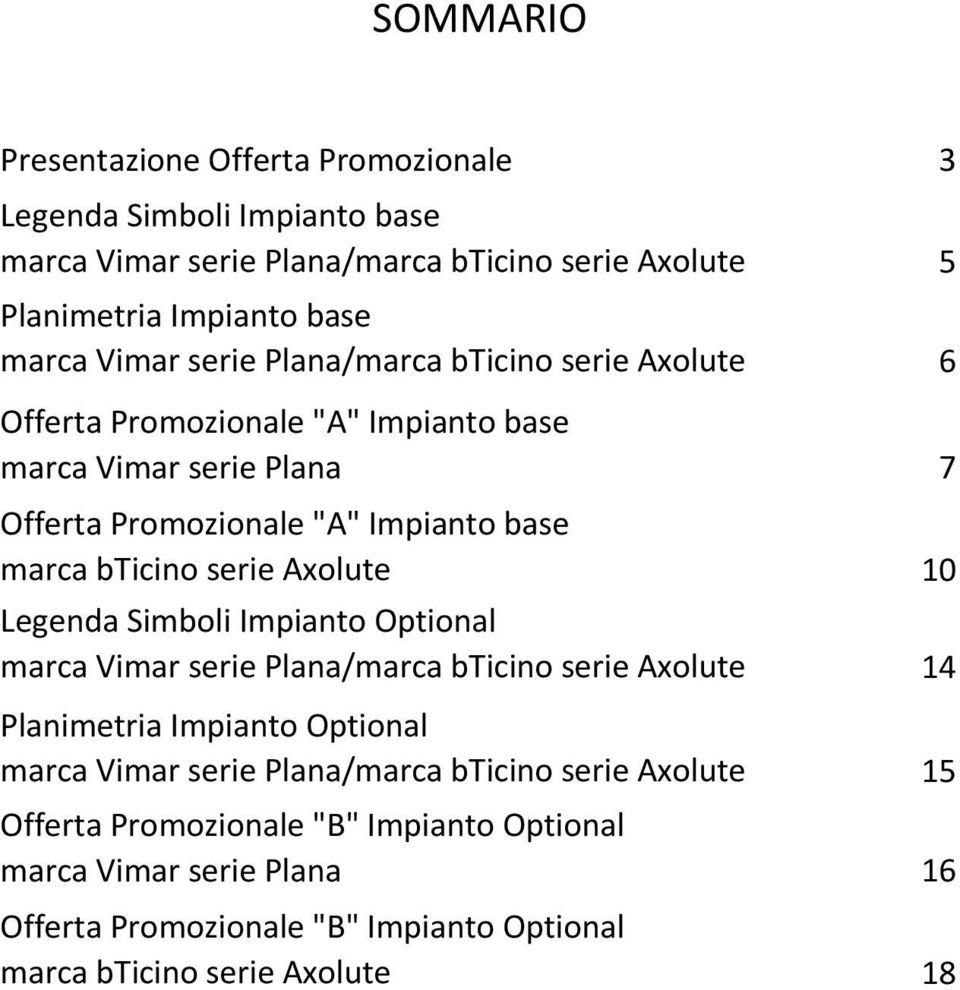 serie Axolute 10 Legenda Simboli Impianto Optional marca Vimar serie Plana/marca bticino serie Axolute 14 Planimetria Impianto Optional marca Vimar serie Plana/marca