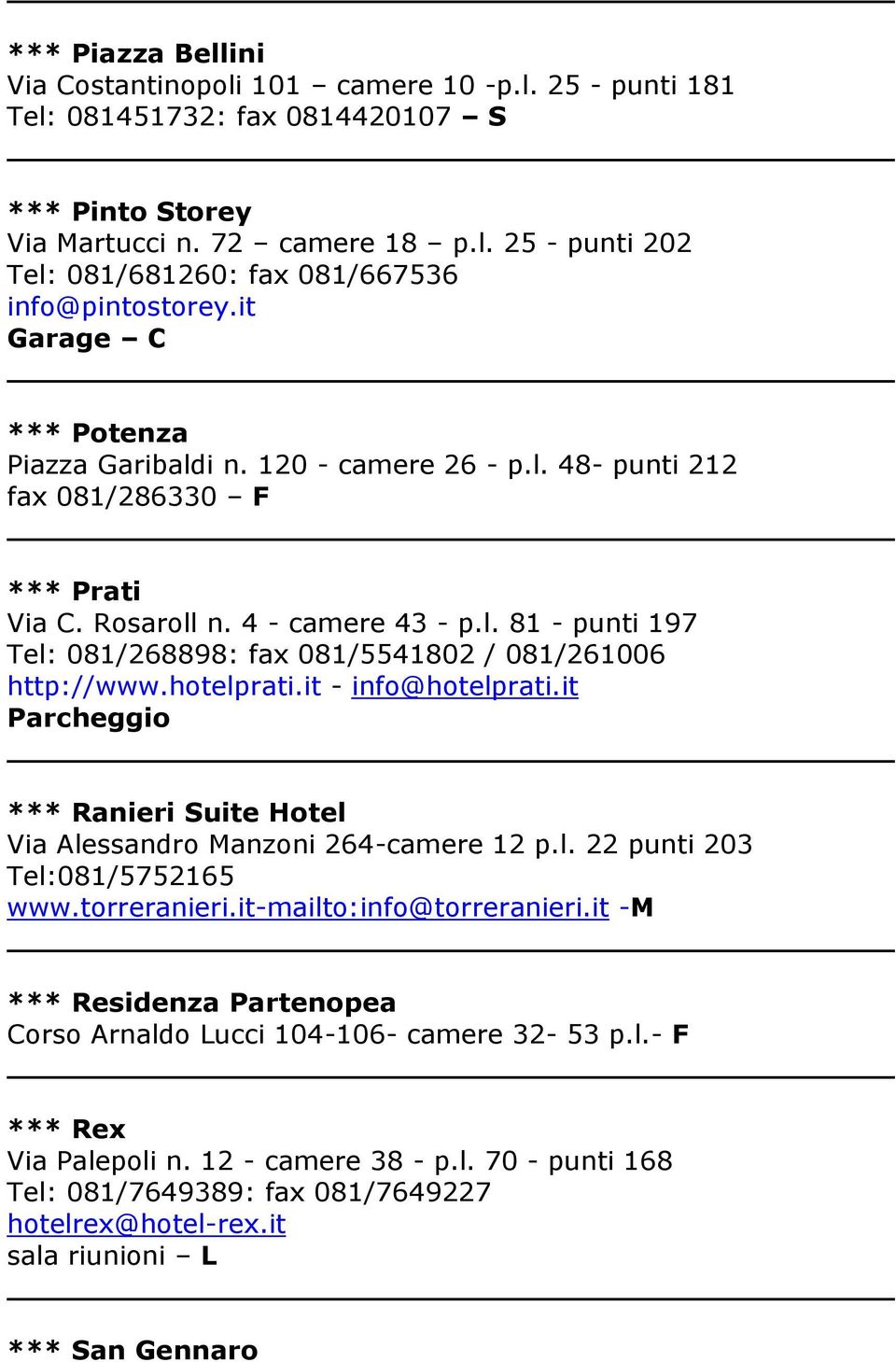 hotelprati.it - info@hotelprati.it Parcheggio *** Ranieri Suite Hotel Via Alessandro Manzoni 264-camere 12 p.l. 22 punti 203 Tel:081/5752165 www.torreranieri.it-mailto:info@torreranieri.
