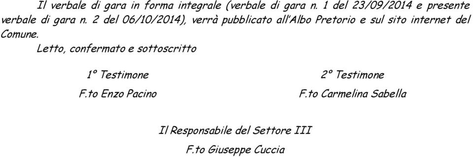 internet del Comune. Letto, confermato e sottoscritto 1 Testimone 2 Testimone F.