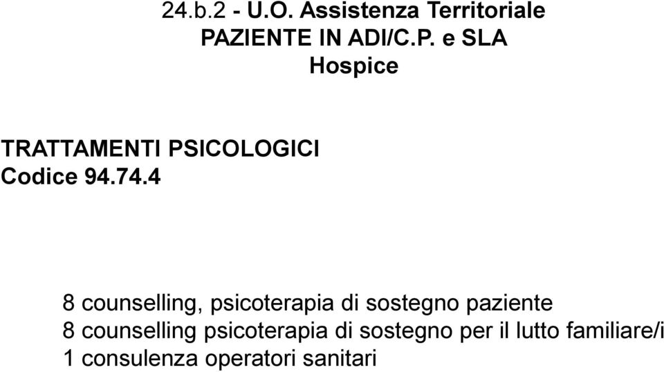 e SLA Hospice TRATTAMENTI PSICOLOGICI Codice 94.74.