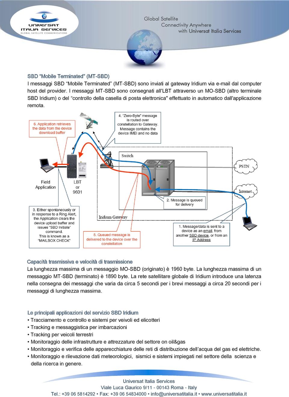 Capacità trasmissiva e velocità di trasmissione La lunghezza massima di un messaggio MO-SBD (originato) è 1960 byte. La lunghezza massima di un messaggio MT-SBD (terminato) è 1890 byte.