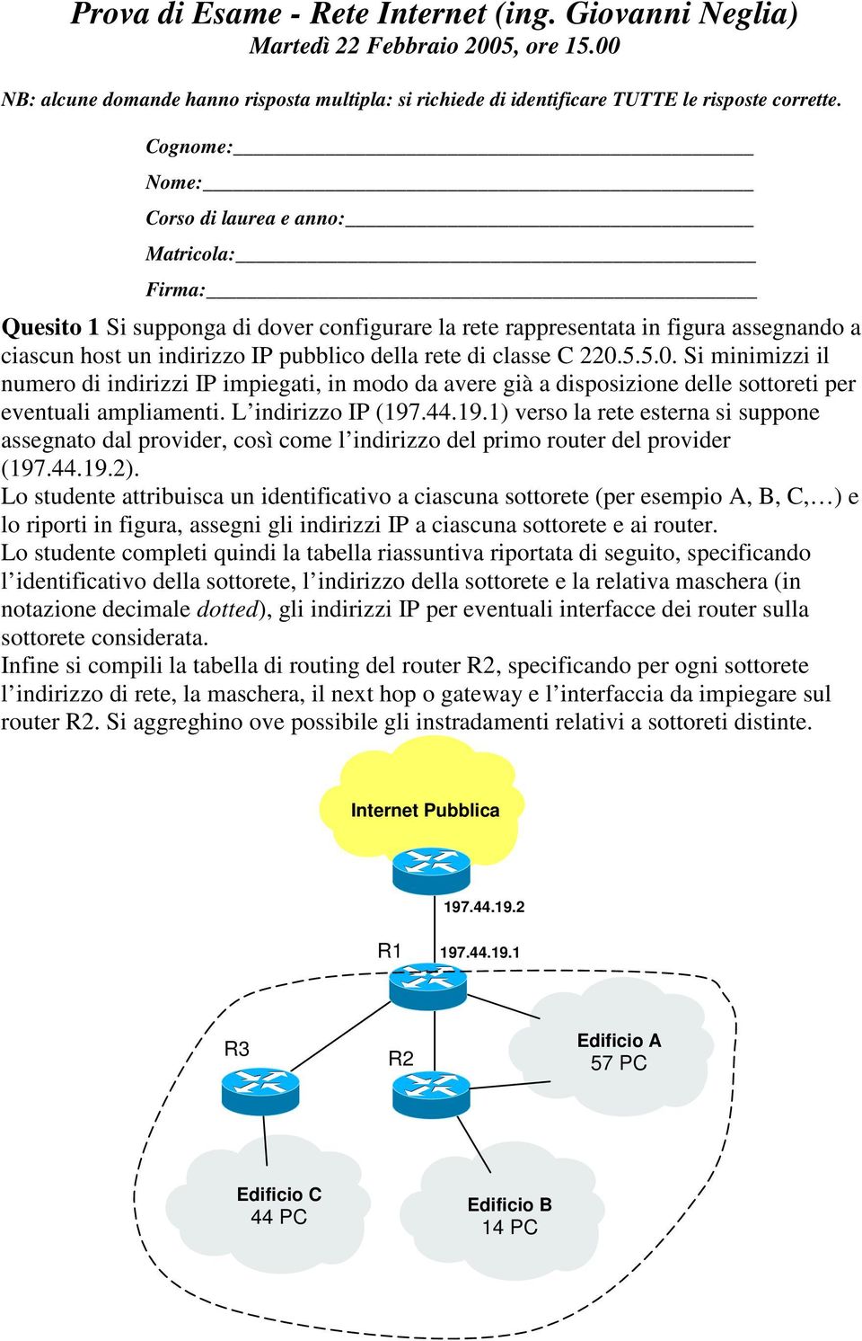 5.0. Si minimizzi il numero di indirizzi IP impiegati, in modo da avere già a disposizione delle sottoreti per eventuali ampliamenti. L (197