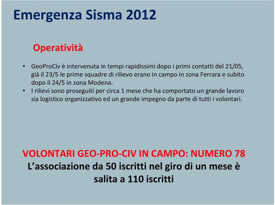 I rilievi sono proseguiti per circa 1 mese che ha comportato un grande lavoro sia logistico organizzativo ed un grande