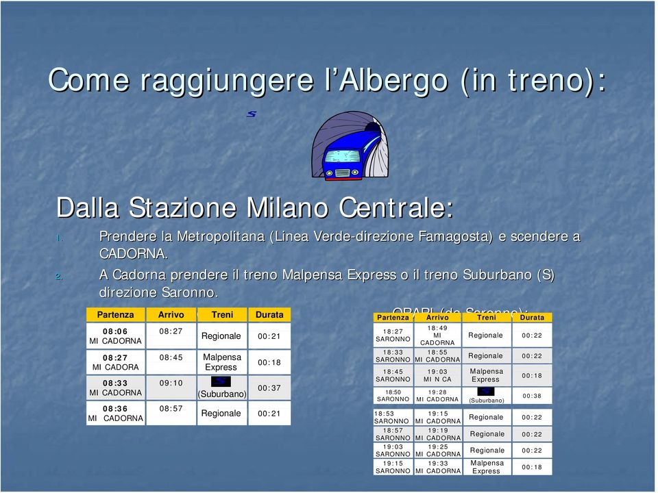 Partenza ORARI (da Arrivo Cadorna): Treni Durata Partenza ORARI Arrivo (da Saronno): Treni Durata 08:06 08:27 MI CADORA 08:33 08:36 08:27 Regionale 00:21 08:45 Malpensa Express 09:10