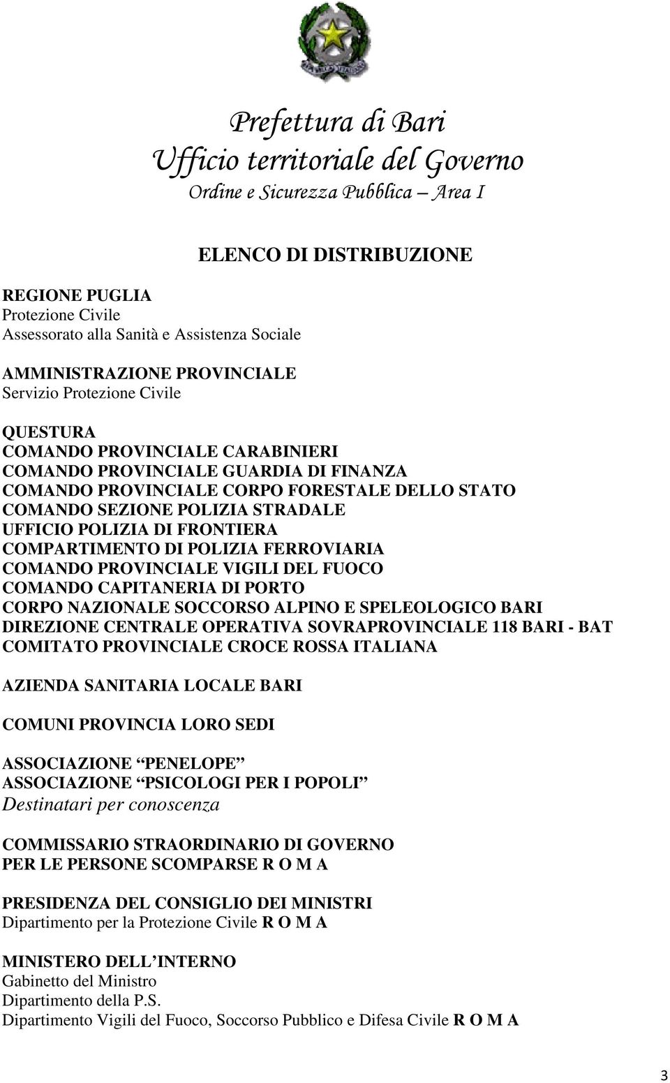 PROVINCIALE VIGILI DEL FUOCO COMANDO CAPITANERIA DI PORTO CORPO NAZIONALE SOCCORSO ALPINO E SPELEOLOGICO BARI DIREZIONE CENTRALE OPERATIVA SOVRAPROVINCIALE 118 BARI - BAT COMITATO PROVINCIALE CROCE