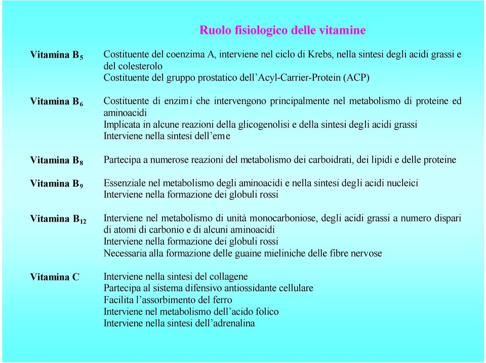 alcune reazioni della glicogenolisi e della sintesi degli acidi grassi Interviene nella sintesi dell eme Partecipa a numerose reazioni del metabolismo dei carboidrati, dei lipidi e delle proteine