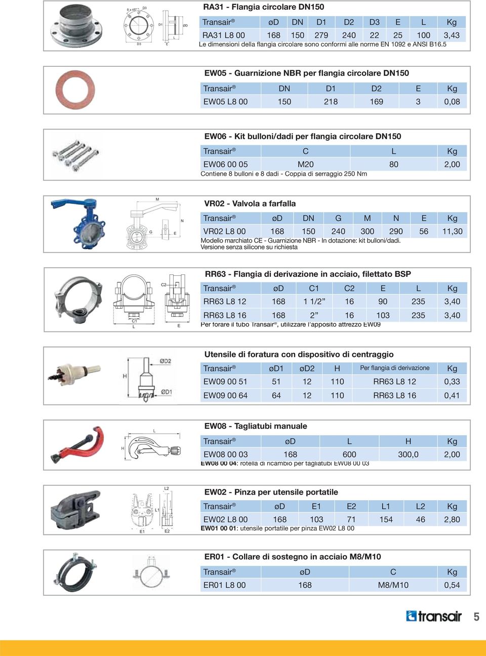 Contiene 8 bulloni e 8 dadi - Coppia di serraggio 250 Nm VR02 - Valvola a farfalla Transair ød DN G M N E Kg VR02 L8 00 168 150 240 300 290 56 11,30 Modello marchiato CE - Guarnizione NBR - In