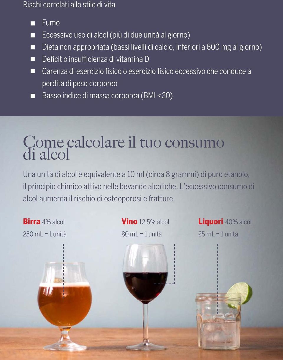 <20) Come calcolare il tuo consumo di alcol Una unità di alcol è equivalente a 10 ml (circa 8 grammi) di puro etanolo, il principio chimico attivo nelle bevande alcoliche.