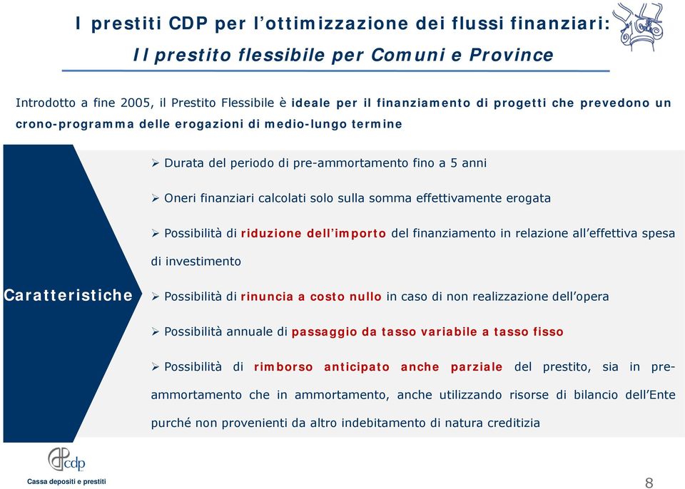 Possibilità di riduzione dell importo del finanziamento in relazione all effettiva spesa di investimento Caratteristiche Possibilità di rinuncia a costo nullo in caso di non realizzazione dell opera