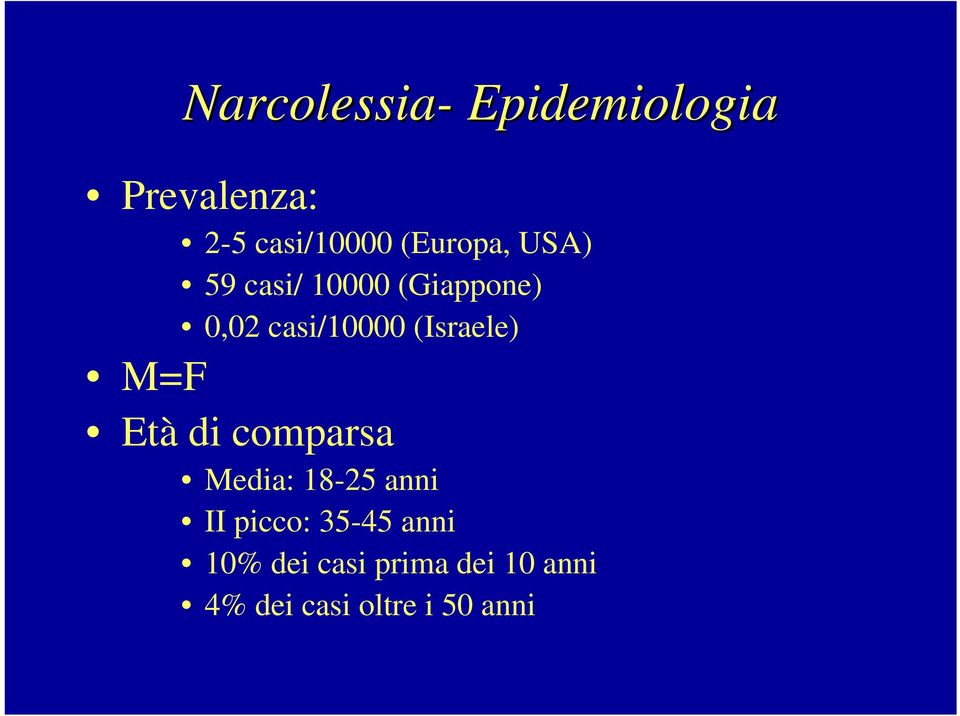 (Israele) M=F Età di comparsa Media: 18-25 anni II picco: