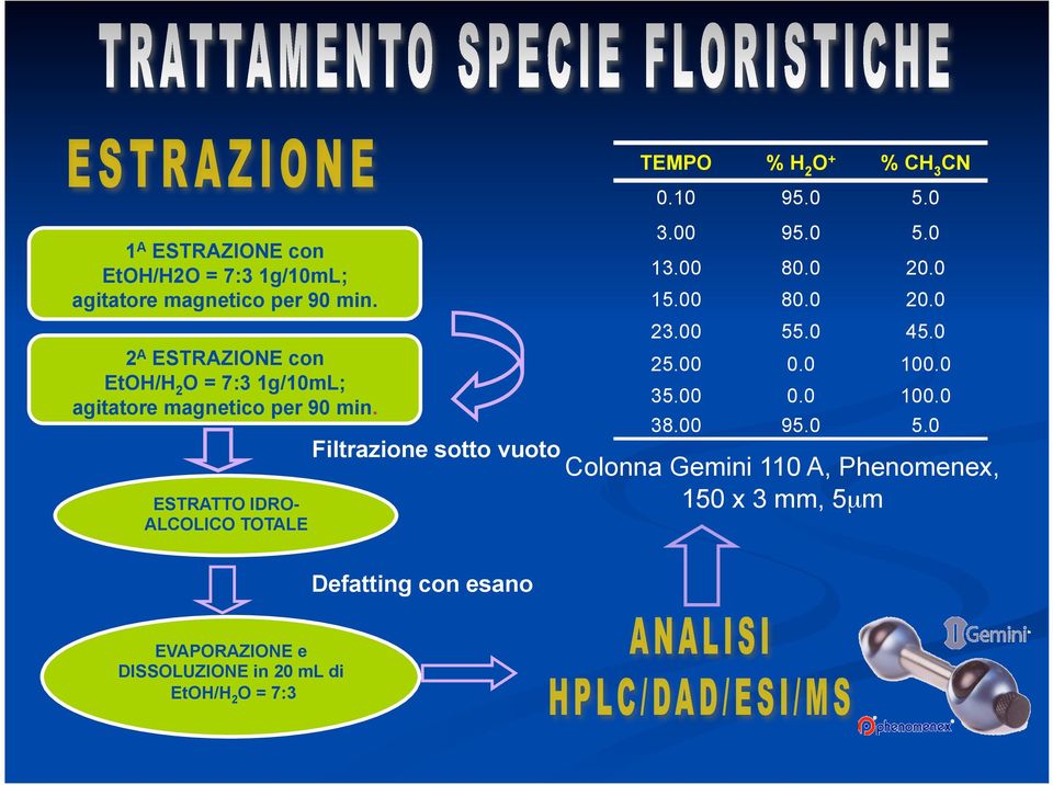 ESTRATTO IDRO- ALCOLICO TOTALE Filtrazione sotto vuoto TEMPO % H 2 O + % CH 3 CN 0.10 95.0 5.0 3.00 95.0 5.0 13.00 80.