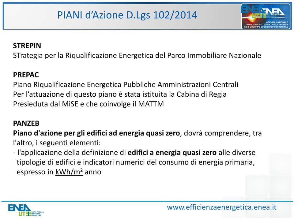 Amministrazioni Centrali Per l attuazione di questo piano è stata istituita la Cabina di Regia Presieduta dal MiSE e che coinvolge il MATTM PANZEB