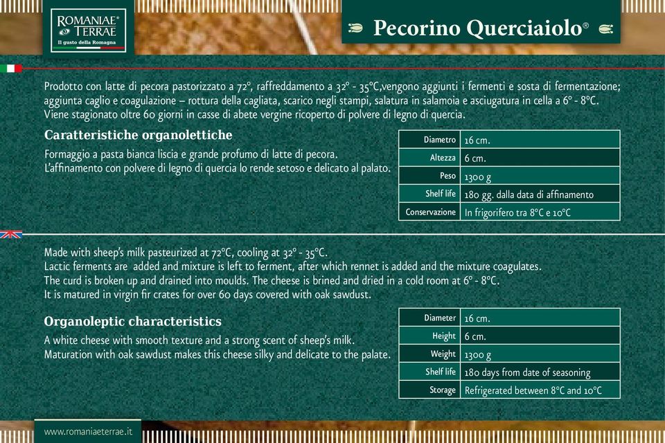 Caratteristiche organolettiche Formaggio a pasta bianca liscia e grande profumo di latte di pecora. L affinamento con polvere di legno di quercia lo rende setoso e delicato al palato. Diametro 16 cm.