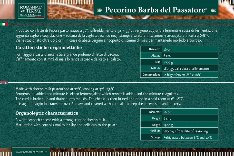 Viene stagionato oltre 60 giorni in casse di abete vergine e ricoperto di stimmi di mais per mantenerlo morbido e burroso.