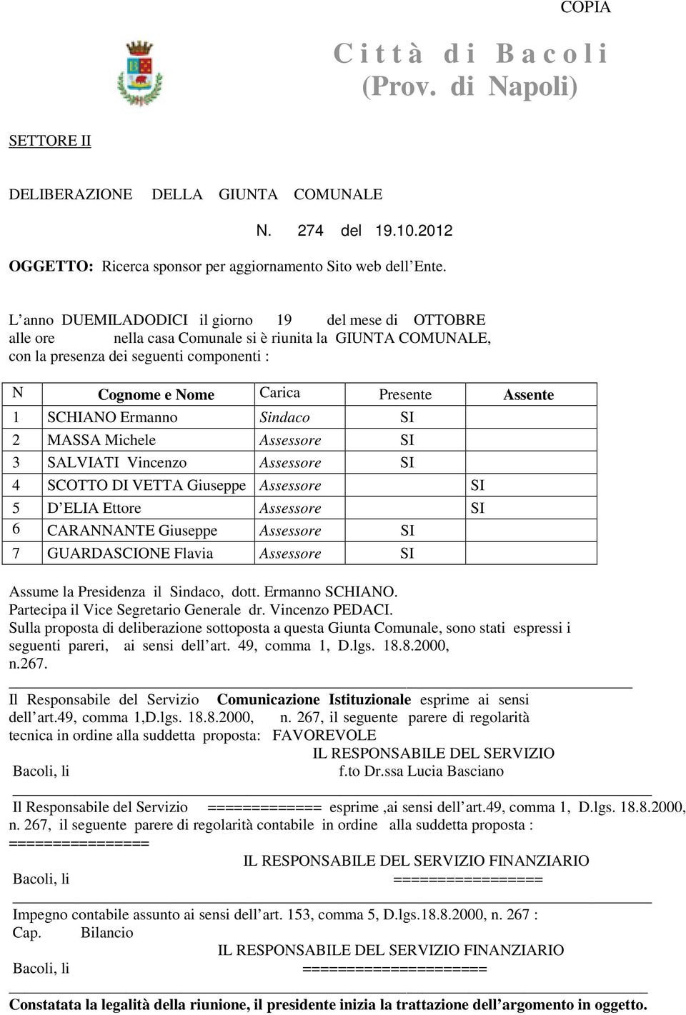 1 SCHIANO Ermanno Sindaco SI 2 MASSA Michele Assessore SI 3 SALVIATI Vincenzo Assessore SI 4 SCOTTO DI VETTA Giuseppe Assessore SI 5 D ELIA Ettore Assessore SI 6 CARANNANTE Giuseppe Assessore SI 7