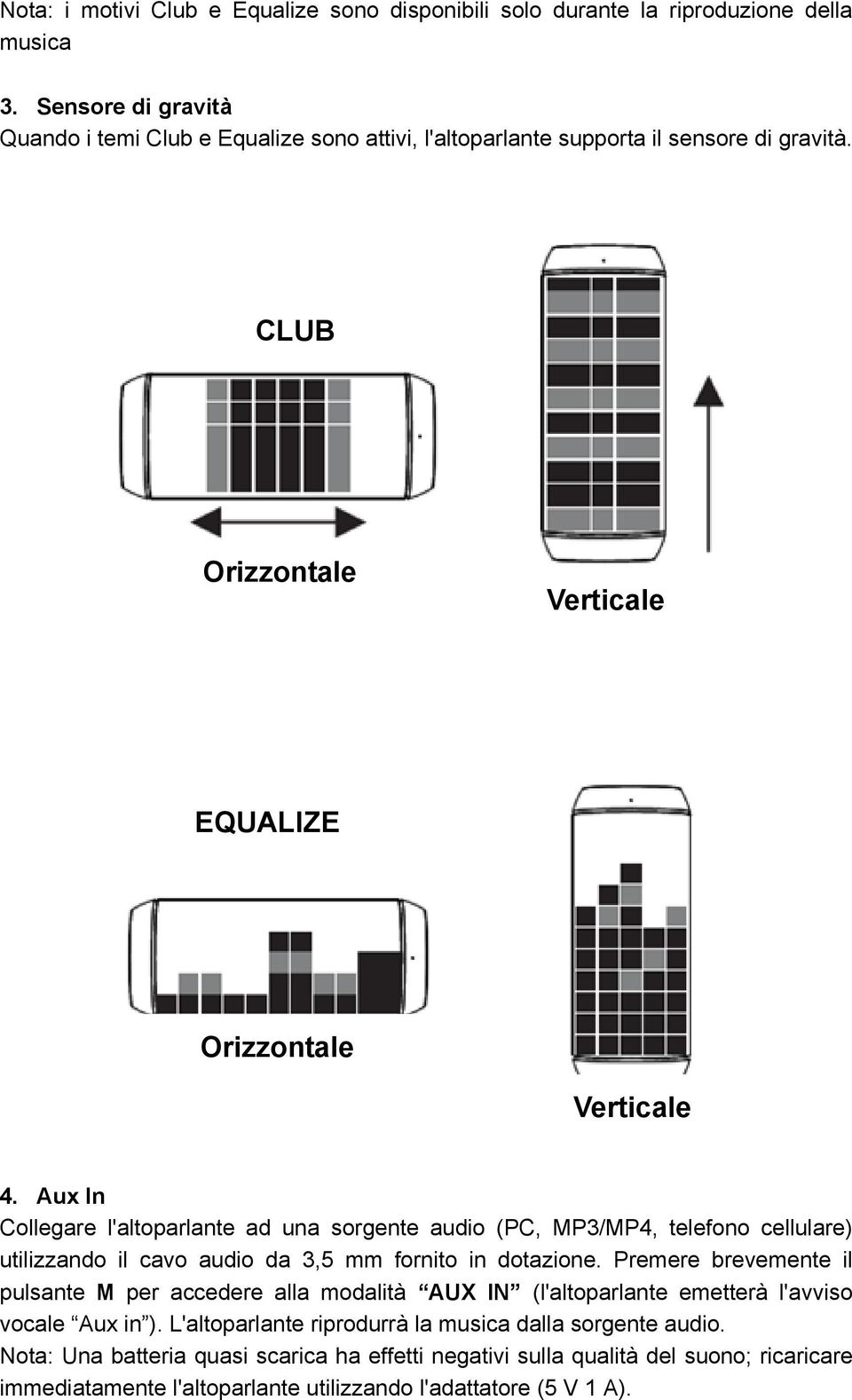 Aux In Collegare l'altoparlante ad una sorgente audio (PC, MP3/MP4, telefono cellulare) utilizzando il cavo audio da 3,5 mm fornito in dotazione.