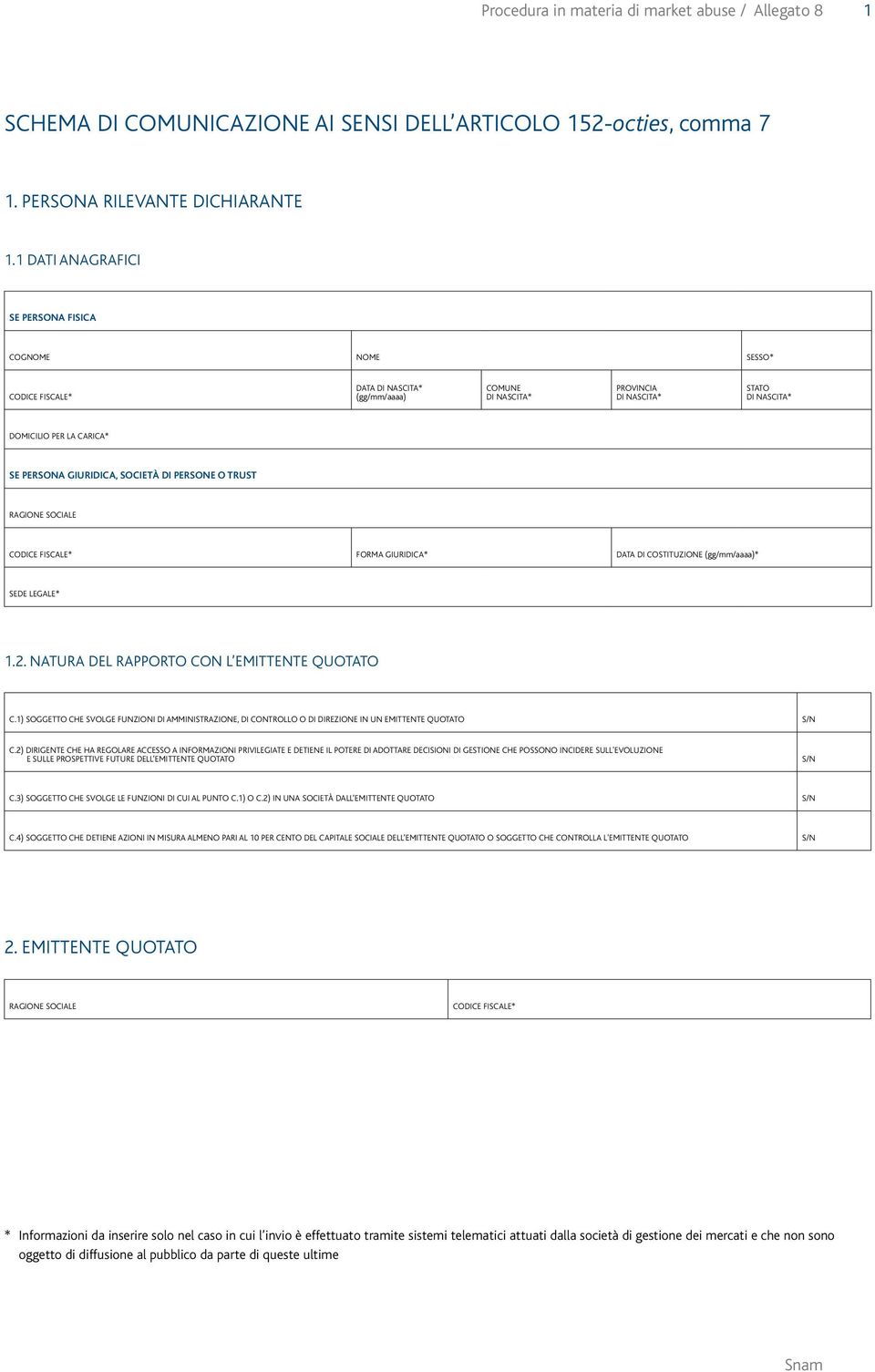 SOCIALE CODICE FISCALE* FORMA GIURIDICA* DATA DI COSTITUZIONE (gg/mm/aaaa)* SEDE LEGALE* 1.2. NATURA DEL RAPPORTO CON L EMITTENTE QUOTATO C.