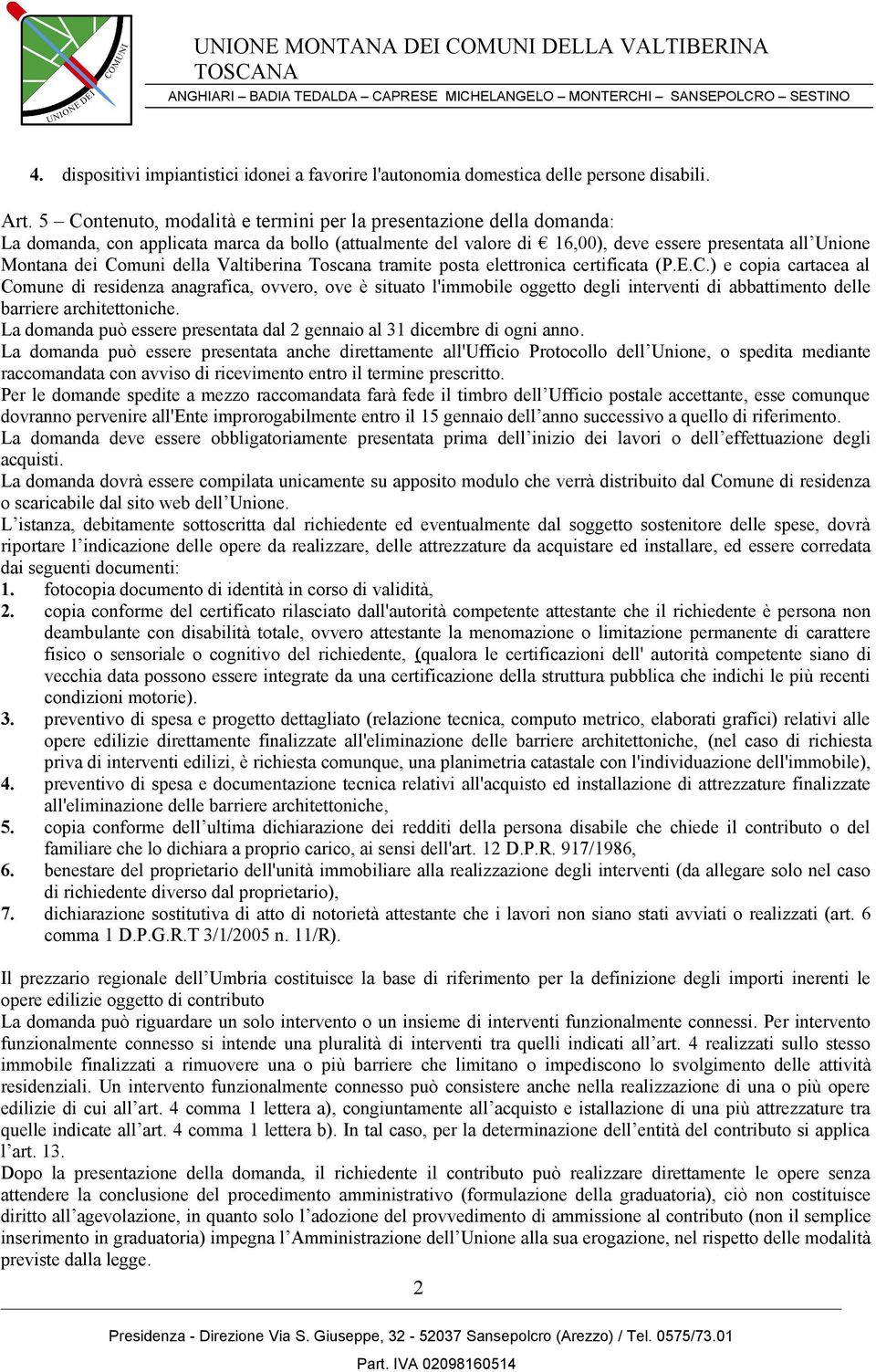 della Valtiberina Toscana tramite posta elettronica certificata (P.E.C.