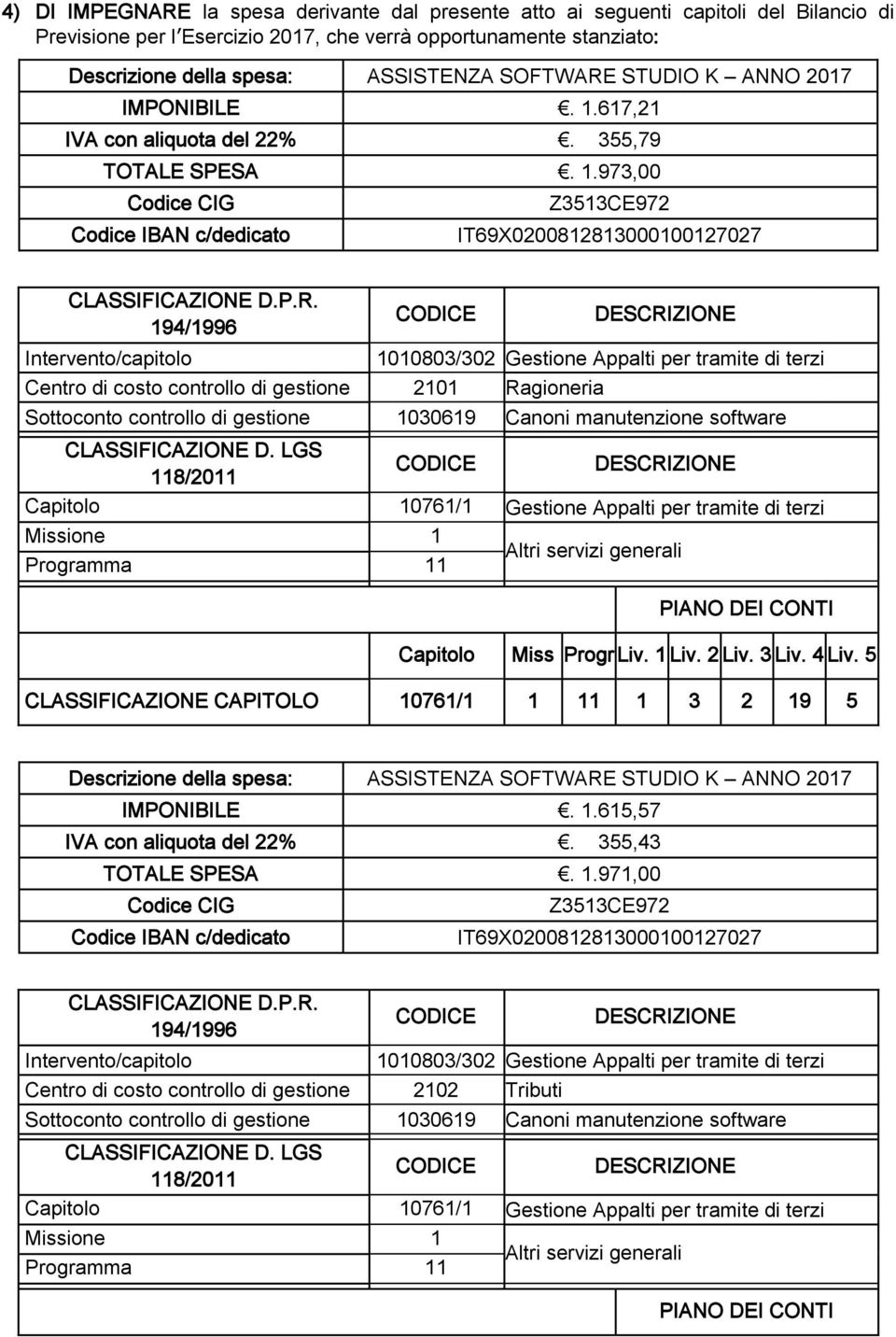 costo controllo di gestione 2101 Ragioneria Descrizione della spesa: ASSISTENZA SOFTWARE STUDIO K ANNO 2017