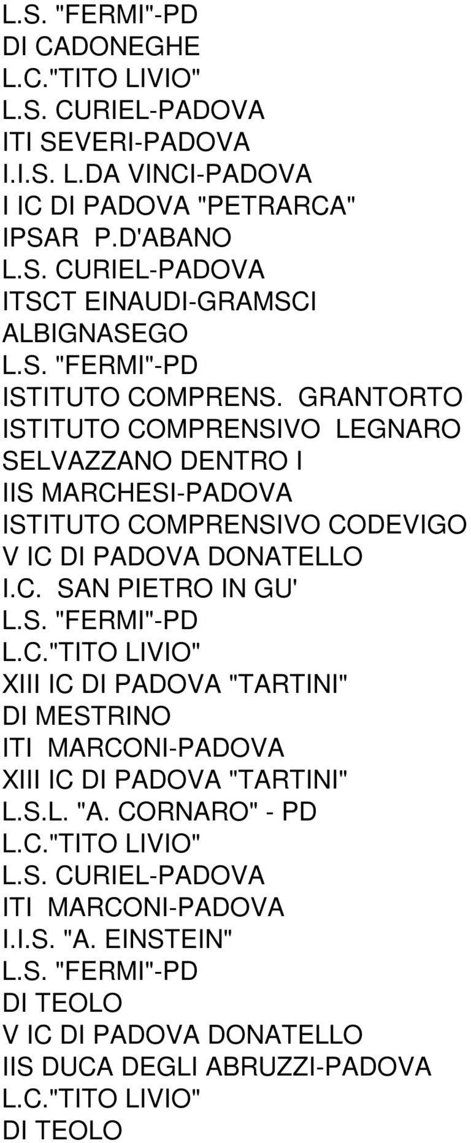 DONATELLO I.C. SAN PIETRO IN GU' XIII IC DI PADOVA "TARTINI" DI MESTRINO ITI MARCONI-PADOVA XIII IC DI PADOVA "TARTINI" L.S.L. "A.