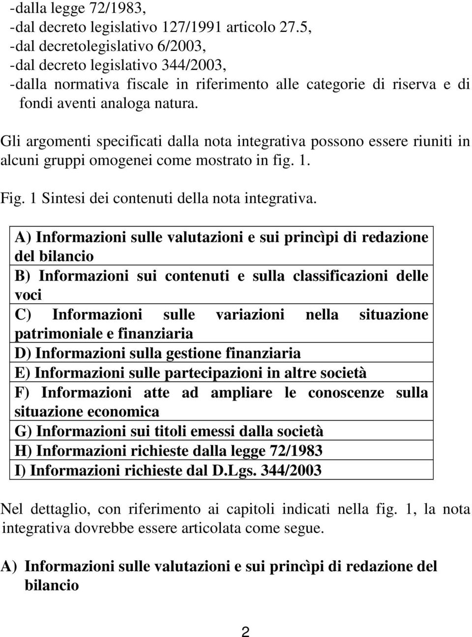 Gli argomenti specificati dalla nota integrativa possono essere riuniti in alcuni gruppi omogenei come mostrato in fig. 1. Fig. 1 Sintesi dei contenuti della nota integrativa.