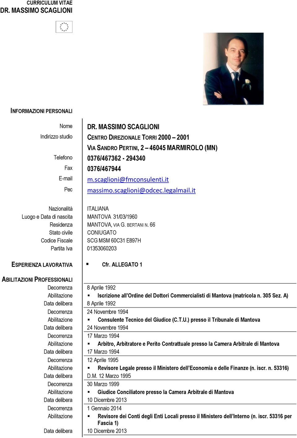 it Pec massimo.scaglioni@odcec.legalmail.it Nazionalità ITALIANA Luogo e Data di nascita MANTOVA 31/03/1960 Residenza MANTOVA, VIA G. BERTANI N.