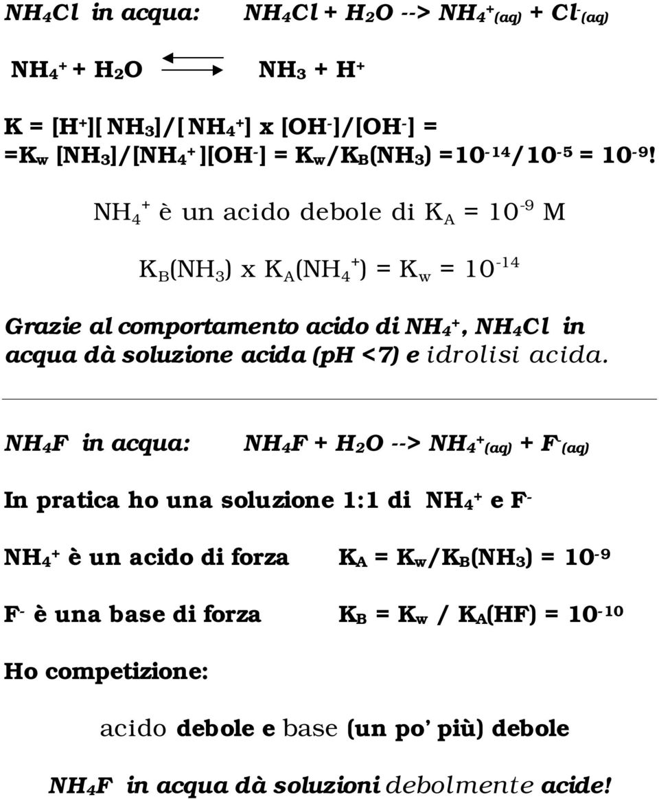 NH 4 + è un acido debole di K A = 10-9 M K B (NH 3 ) x K A (NH 4 + ) = K w = 10-14 Grazie al comportamento acido di NH 4 +, NH 4 Cl in acqua dà soluzione acida (ph <7) e
