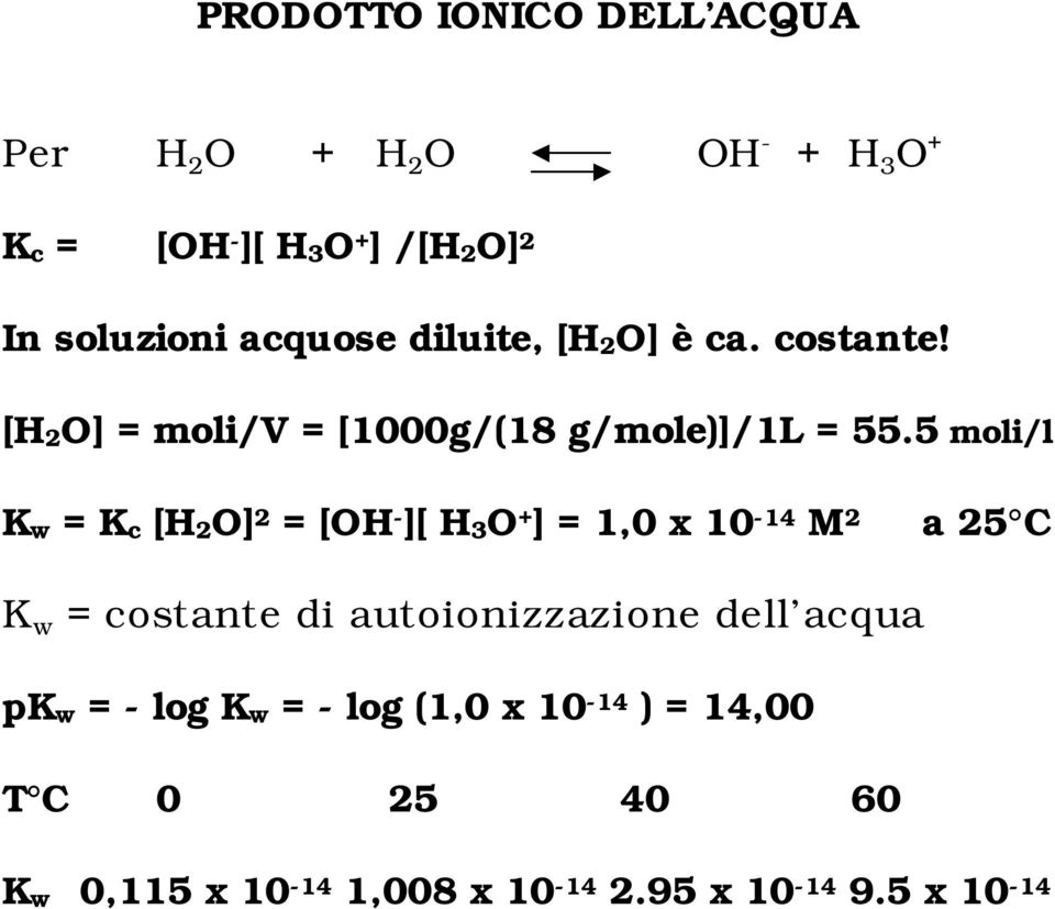 5 moli/l Kw = Kc [H2O] 2 = [OH - ][ H3O + ] = 1,0 x 10-14 M 2 a 25 C K w = costante di autoionizzazione