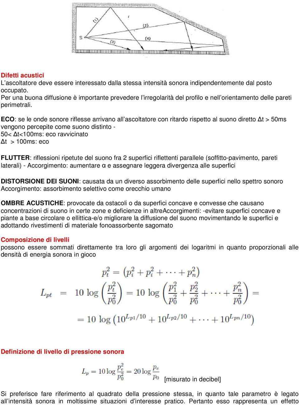 ECO: se le onde sonore riflesse arrivano all ascoltatore con ritardo rispetto al suono diretto t > 50ms vengono percepite come suono distinto - 50< t<100ms: eco ravvicinato t > 100ms: eco FLUTTER: