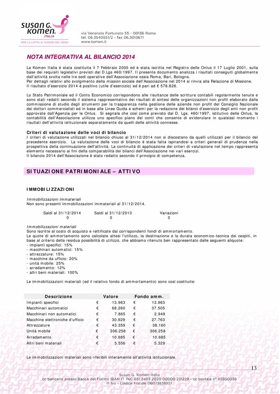 Per dettagli relativi allo svolgimento della mission sociale dell Associazione nel 2014 si rinvia alla Relazione di Missione.