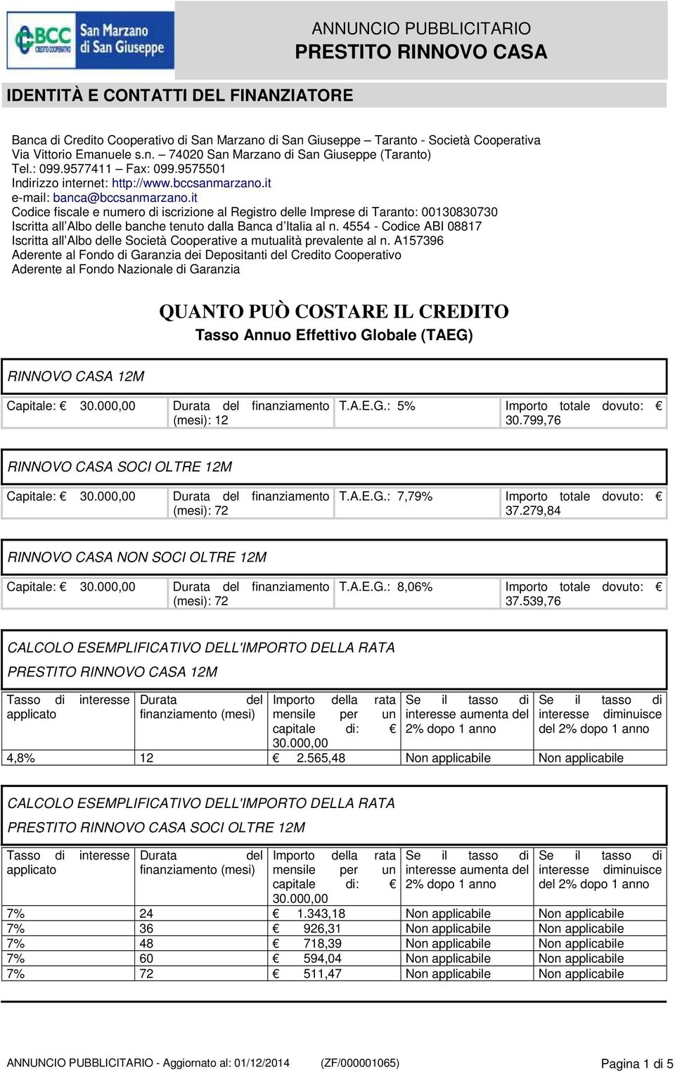 it Codice fiscale e numero di iscrizione al Registro le Imprese di Taranto: 00130830730 Iscritta all Albo le banche tenuto dalla Banca d Italia al n.