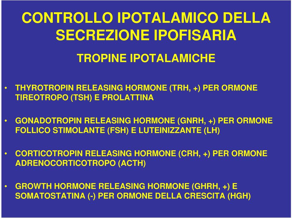 FOLLICO STIMOLANTE (FSH) E LUTEINIZZANTE (LH) CORTICOTROPIN RELEASING HORMONE (CRH, +) PER ORMONE