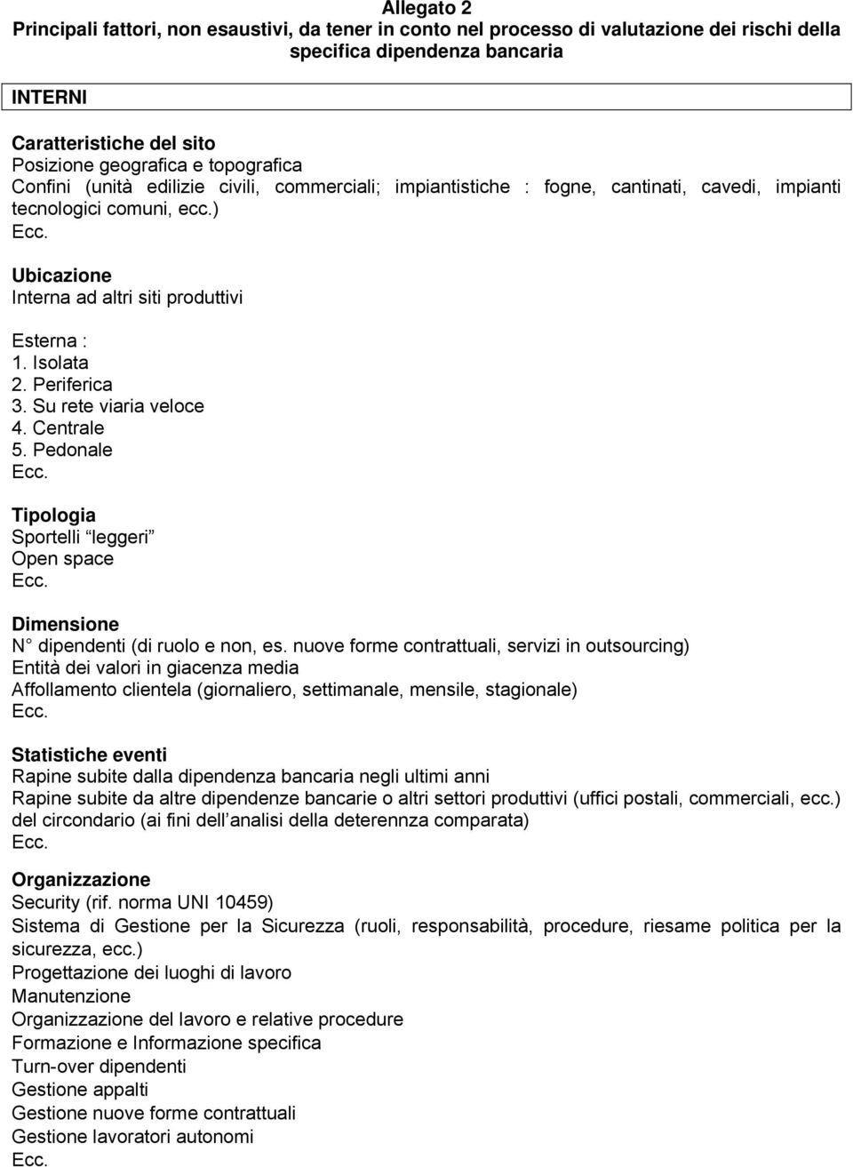 Isolata 2. Periferica 3. Su rete viaria veloce 4. Centrale 5. Pedonale Tipologia Sportelli leggeri Open space Dimensione N dipendenti (di ruolo e non, es.