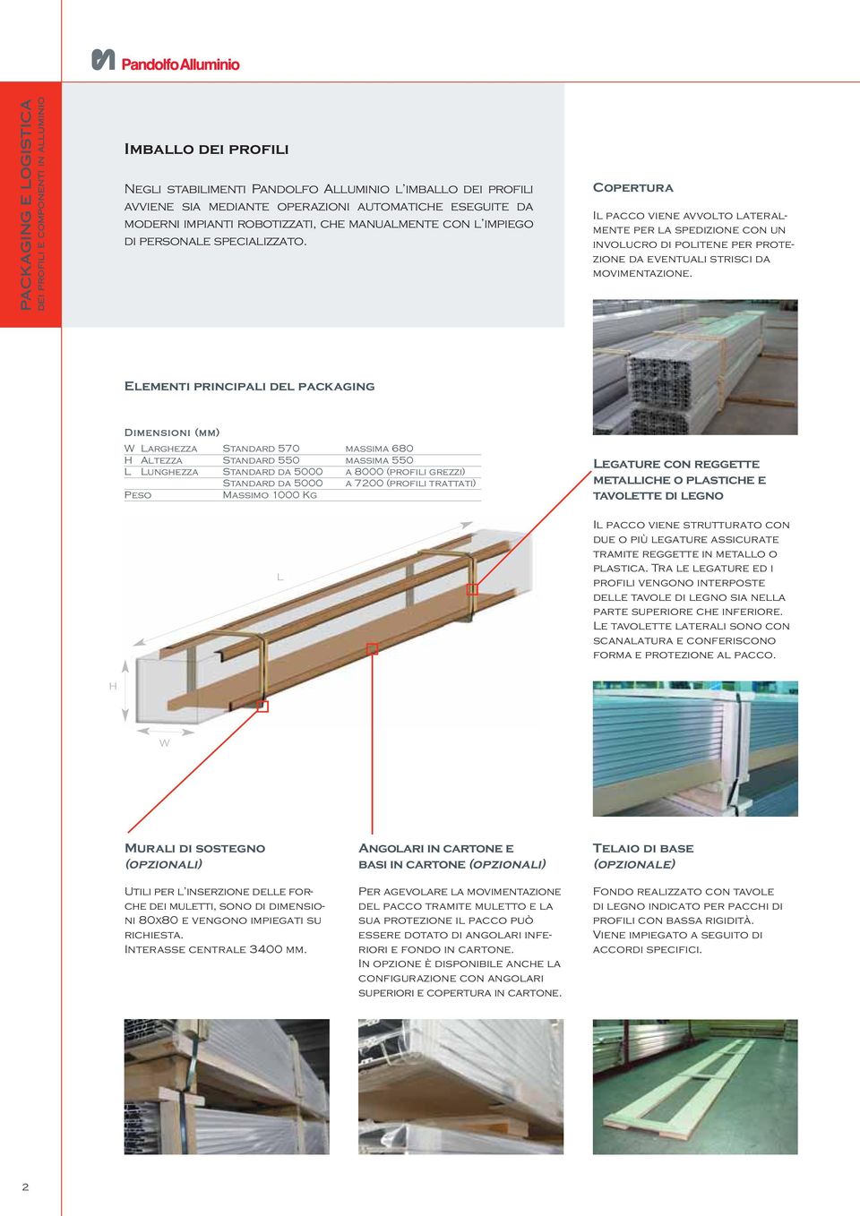 Elementi principali del packaging Dimensioni (mm) W Larghezza Standard 570 massima 680 H Altezza Standard 550 massima 550 L Lunghezza Standard da 5000 a 8000 (profili grezzi) Standard da 5000 a 7200